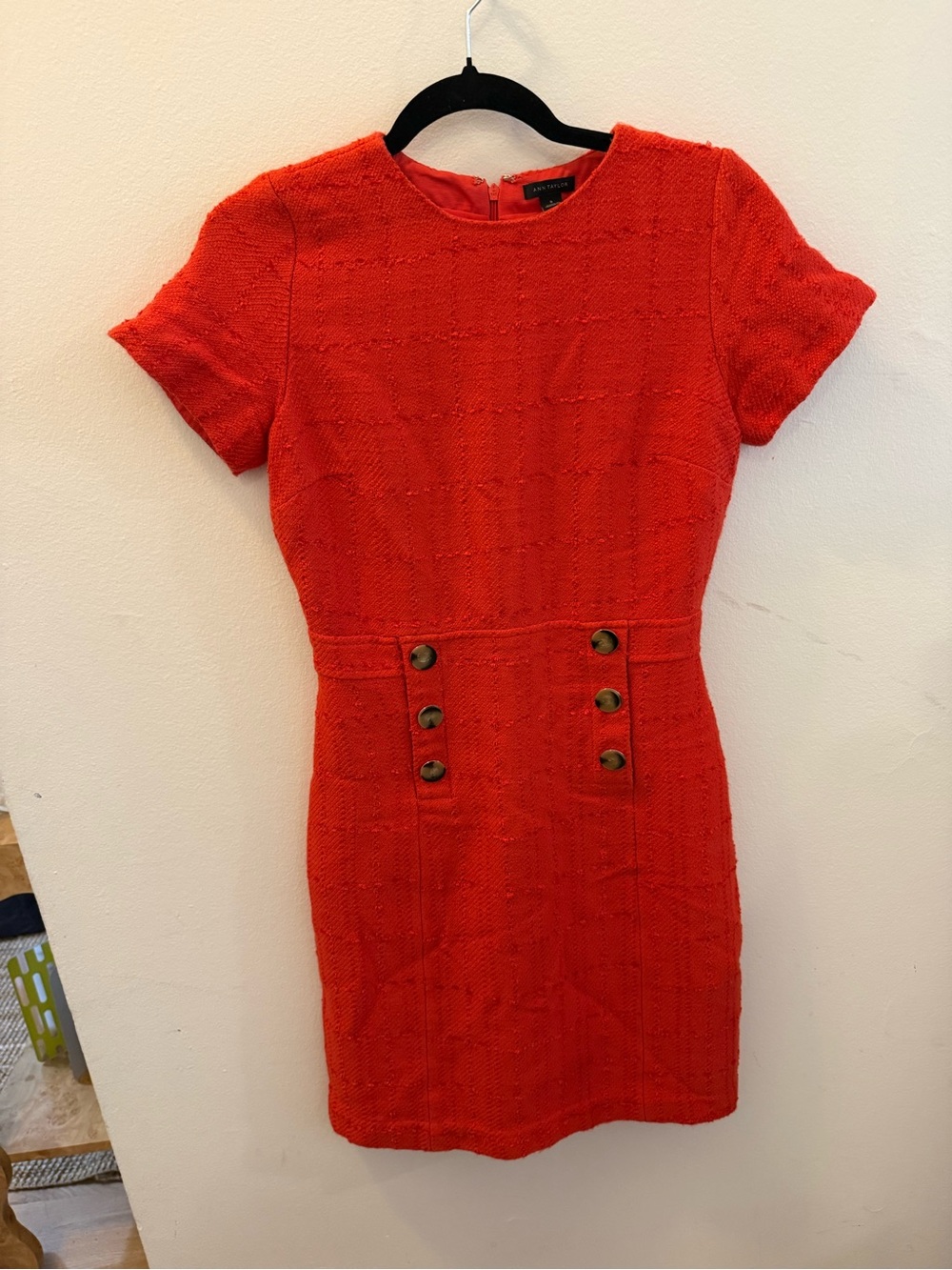 Ann Taylor Red Orange Short-Sleeve Tweed Dress with Front Button Detail - Picture 1 of 3